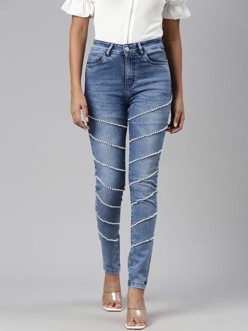 showoff blue denim embellished mid rise jeans