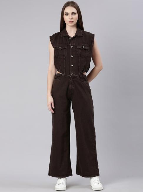 showoff brown denim maxi jumpsuit