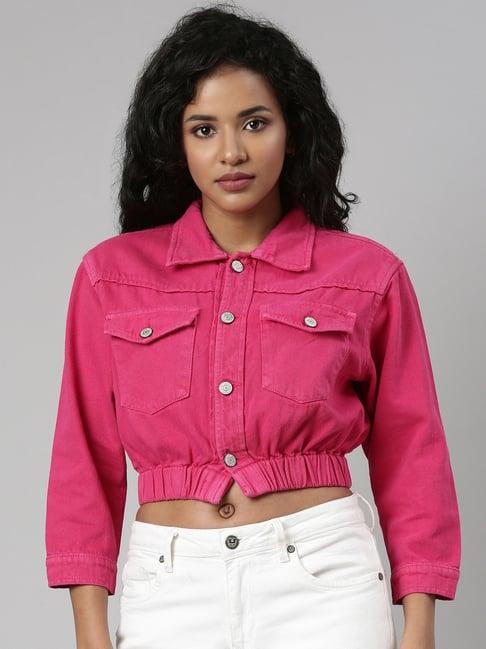 showoff fuchsia regular fit crop denim jacket