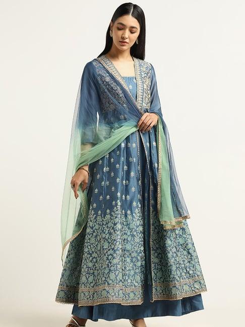 vark by westside blue zardozi embroidered kurta with skirt and dupatta