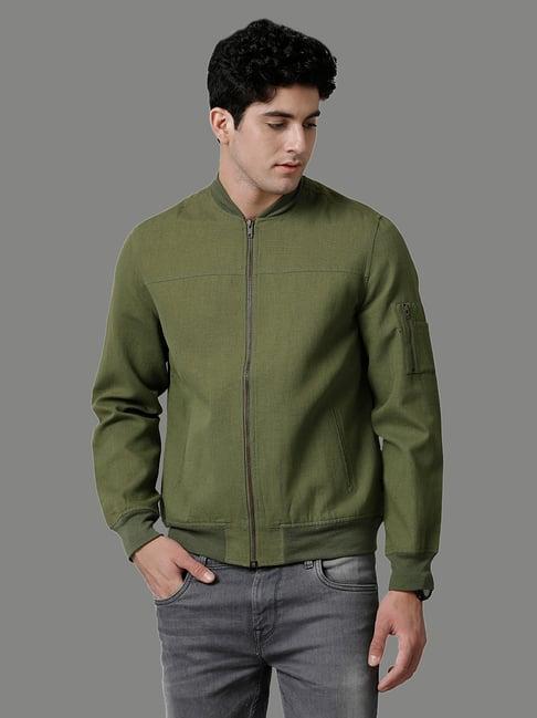 linen club green regular fit bomber jacket