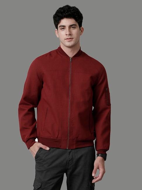 linen club red regular fit bomber jacket