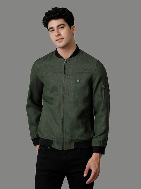 linen club green regular fit bomber jacket