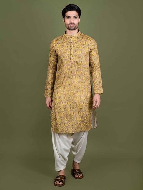 kisah yellow & white regular fit printed kurta & patiala set