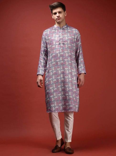 kisah purple & off white regular fit printed kurta & pants set