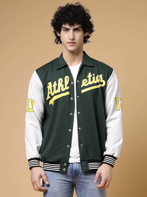 rigo green boxy fit printed oversized varsity jacket