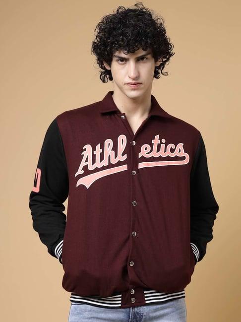 rigo wine boxy fit printed oversized varsity jacket