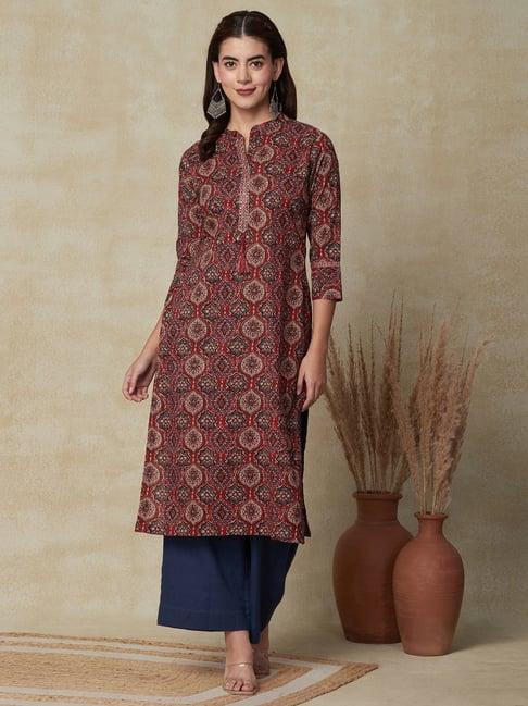 fashor maroon cotton printed straight kurta