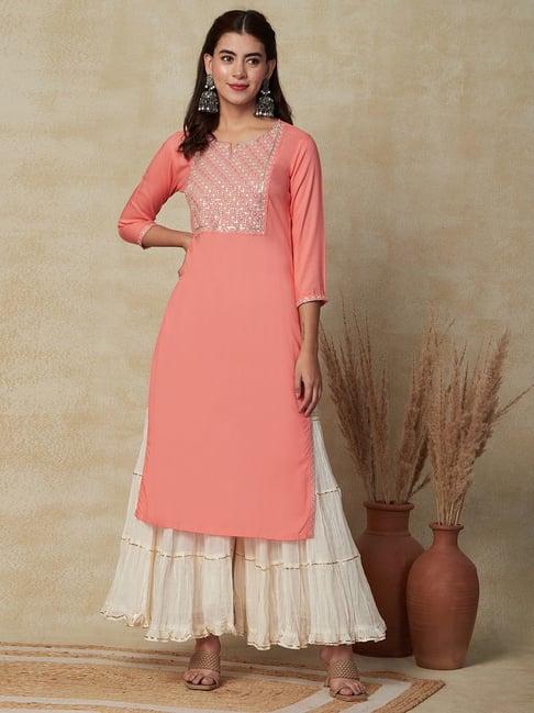 fashor peach embroidered straight kurta