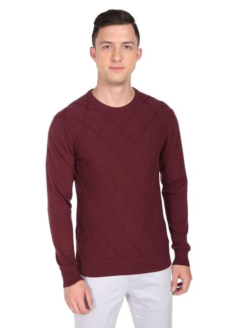 arrow maroon regular fit self pattern sweater