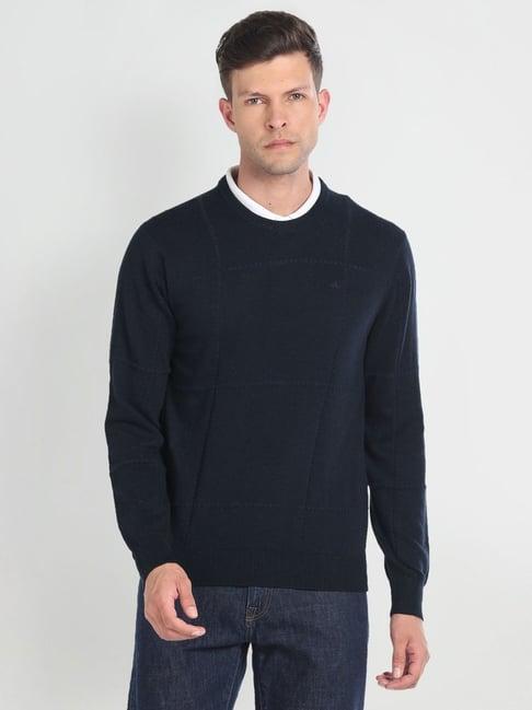 arrow navy regular fit self pattern sweater