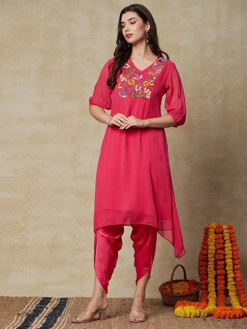 fashor pink embroidered kurta dhoti pant set