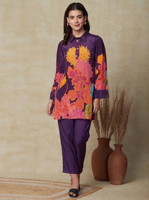 fashor purple floral print kurti pant set