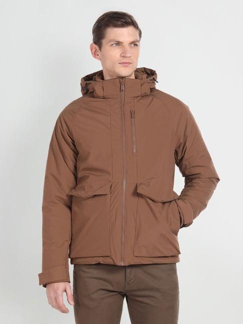 arrow sport brown regular fit hooded jacket