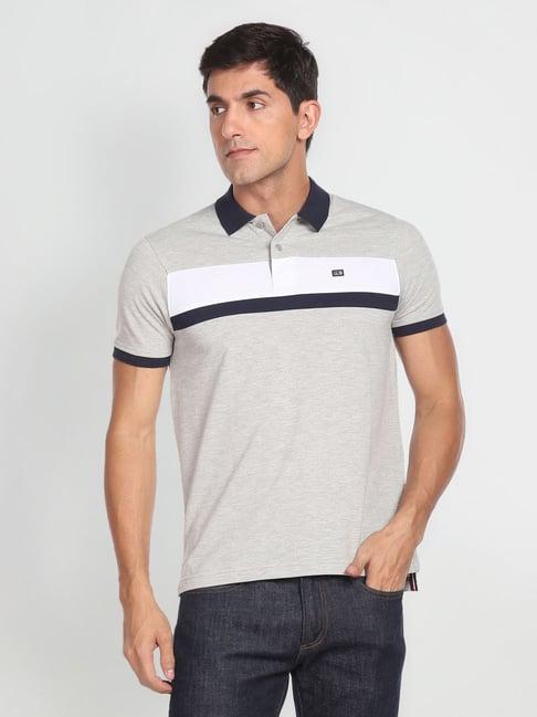 arrow sport mid grey regular fit striped polo t-shirt