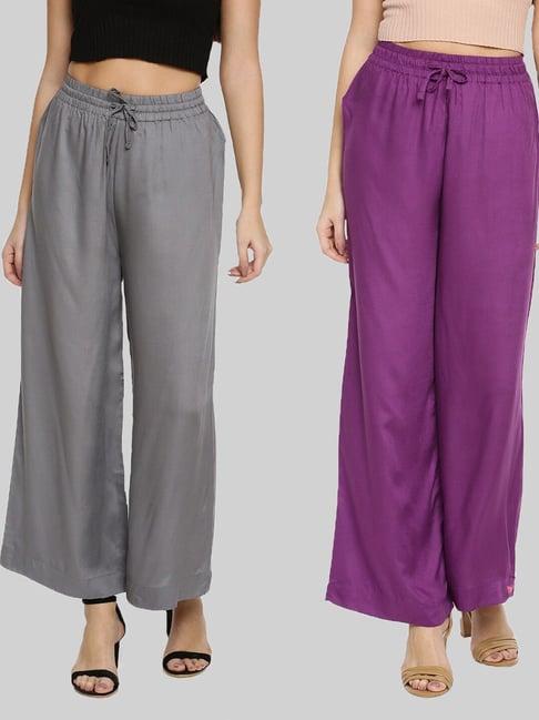 twin birds grey & purple mid rise palazzos - pack of 2