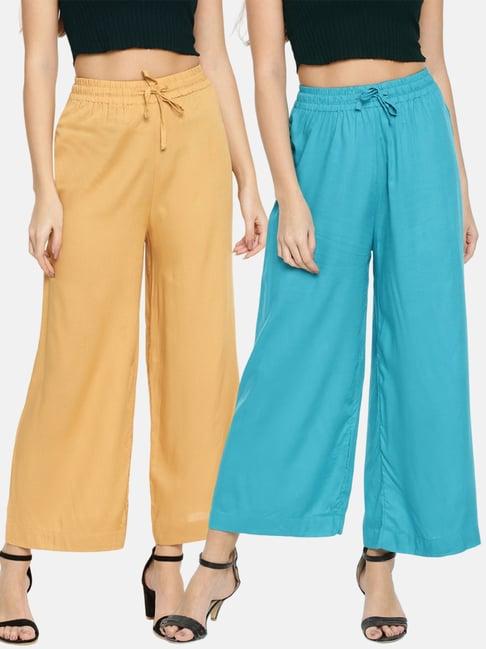 twin birds blue & beige mid rise palazzos - pack of 2