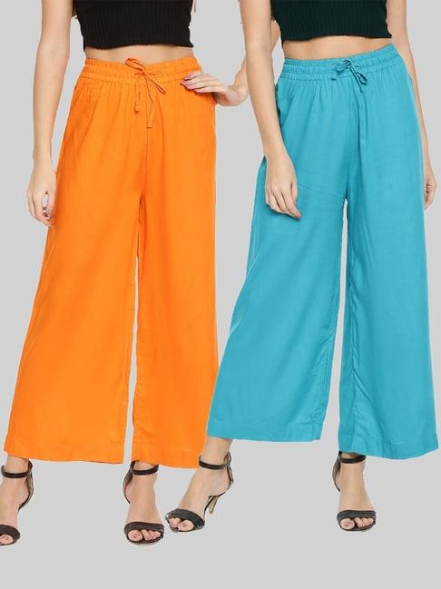 twin birds orange & blue mid rise palazzos - pack of 2