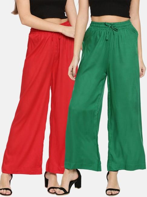 twin birds green & red mid rise palazzos - pack of 2