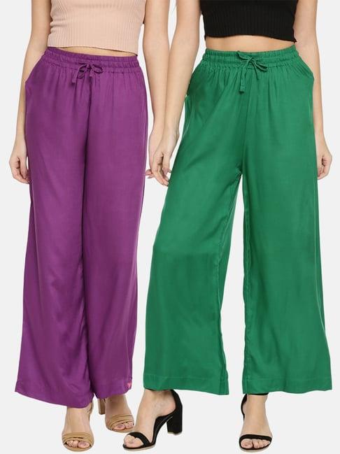 twin birds green & purple mid rise palazzos - pack of 2