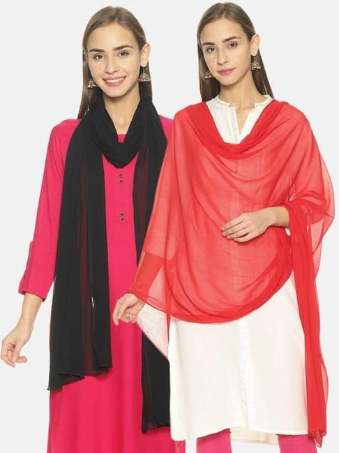 twin birds black & red plain dupatta - pack of 2