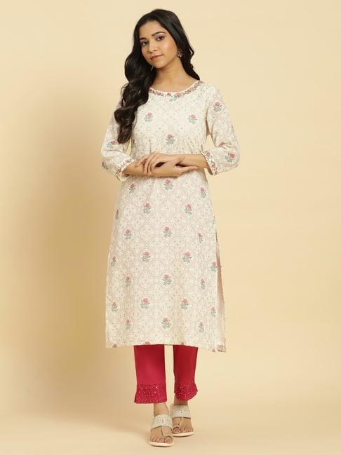 w white floral print straight kurta