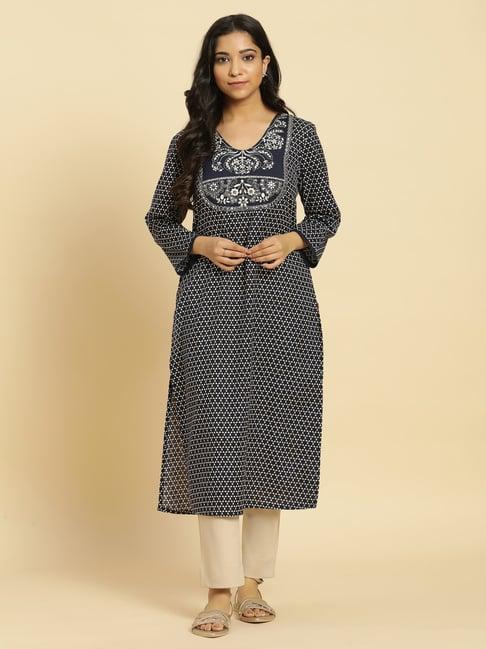 w blue printed straight kurta