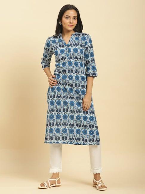 w blue cotton floral print straight kurta