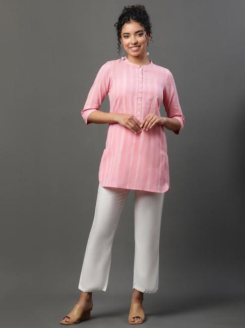 aurelia pink cotton striped straight kurti