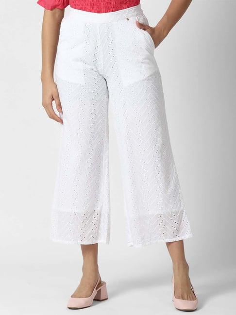 van heusen white cotton embroidered parallel pants