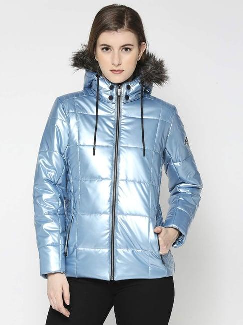 being human blue hooded puffer jacket