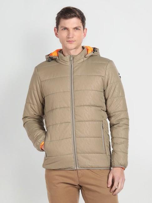 arrow new york khaki regular fit quilted hooded jacket