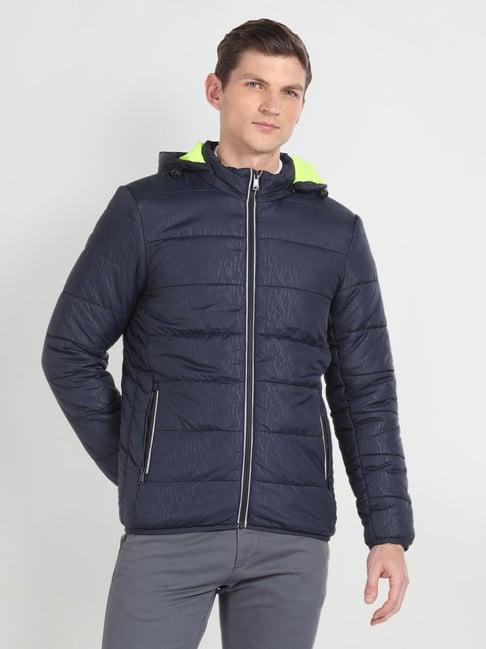 arrow new york navy regular fit quilted hooded jacket