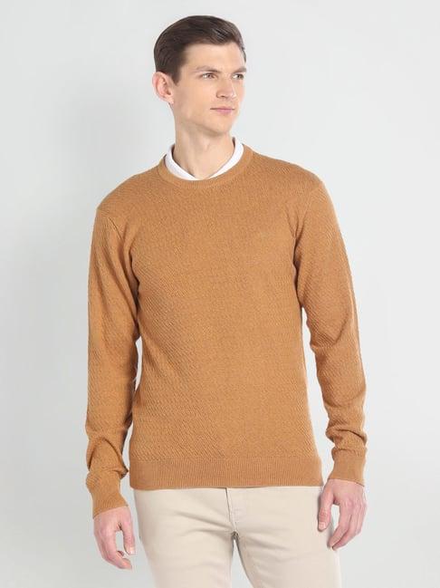 arrow brown cotton regular fit self pattern sweater