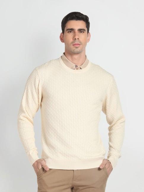 arrow mid beige regular fit self pattern sweater