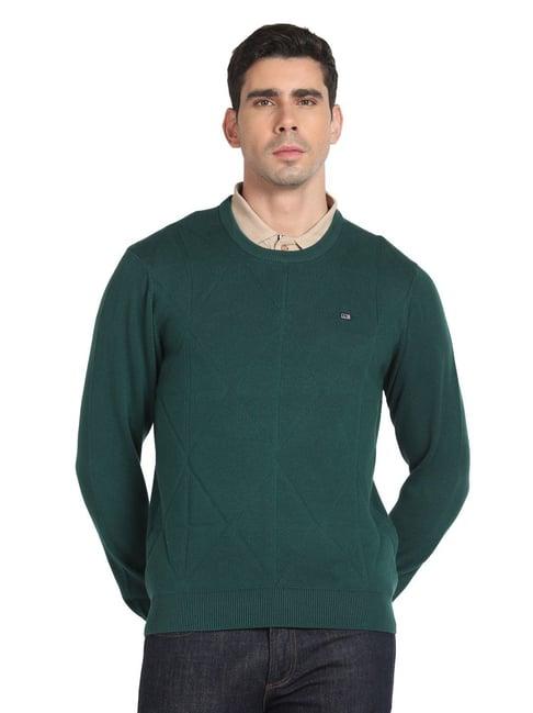 arrow sport dark green regular fit self pattern sweater