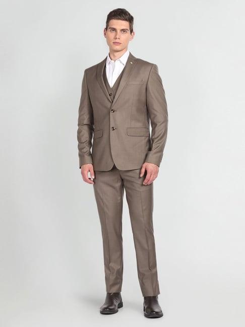 arrow mid brown regular fit three piece suit