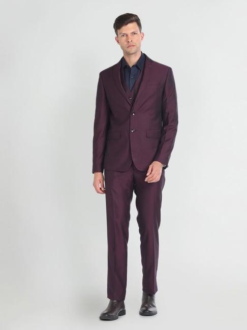 arrow dark maroon regular fit self pattern three piece suit