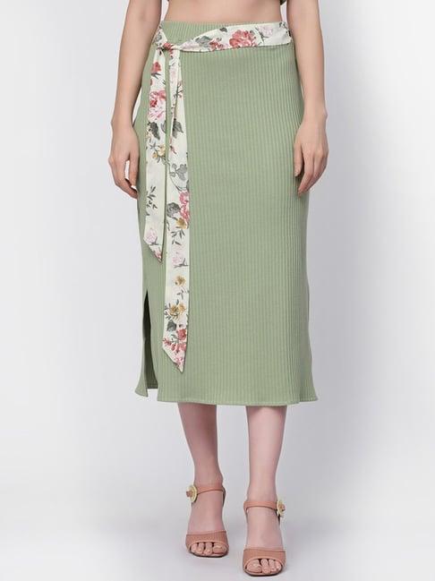 lela green striped a-line skirt with belt