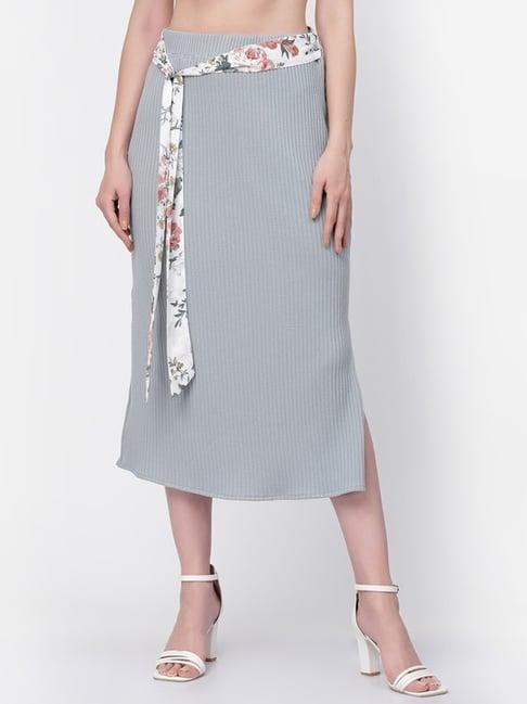 lela grey striped a-line skirt with belt