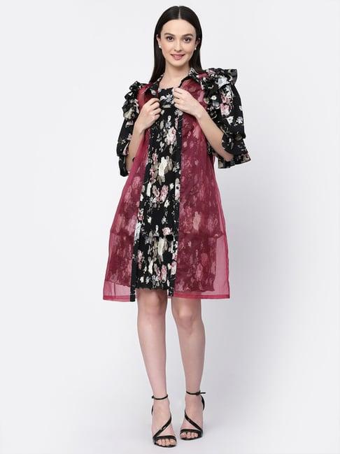 lela maroon & black printed long shrug