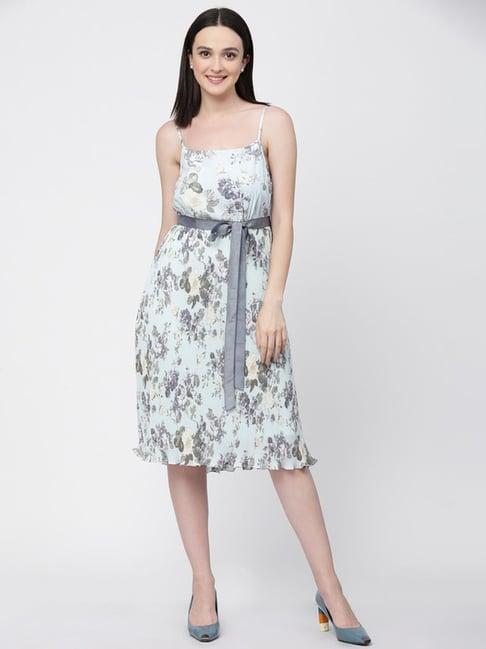 lela blue printed a-line dress