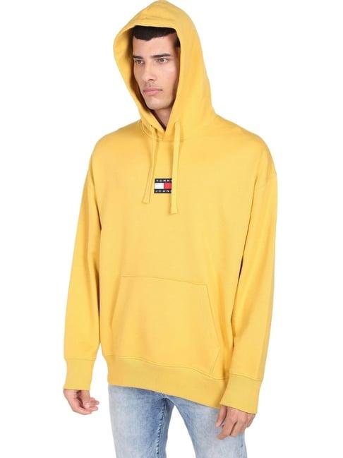 tommy hilfiger yellow cotton comfort fit logo printed sweater