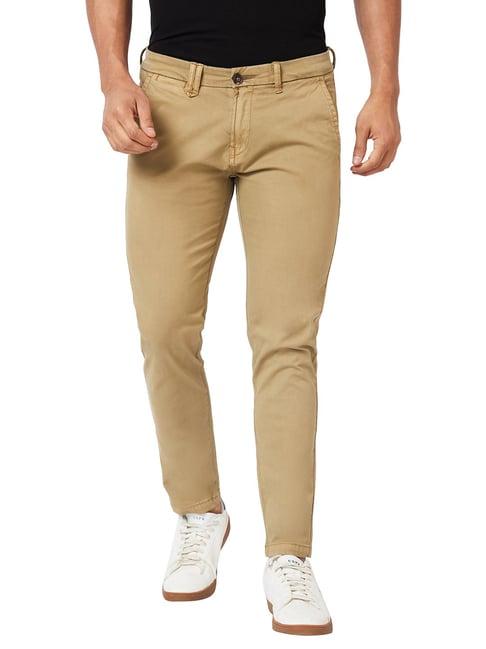 spykar khaki slim fit flat front trousers