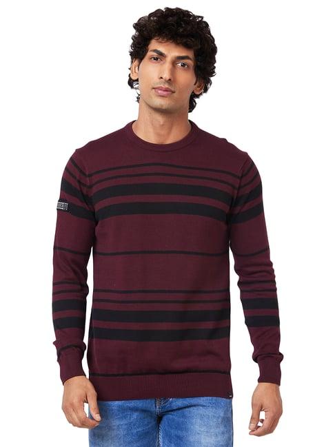 spykar wine regular fit striped sweater