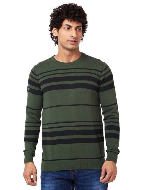 spykar olive regular fit striped sweater