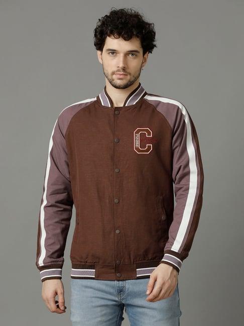 cavallo by linen club brown regular fit cotton linen varsity jacket