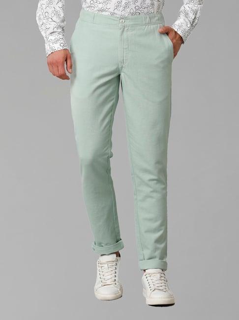 cavallo by linen club mint green slim fit cotton linen elasticated trousers