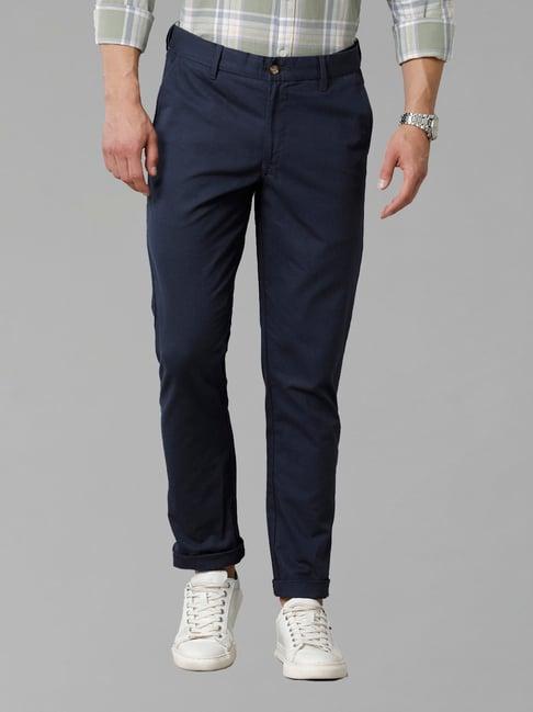 cavallo by linen club blue slim fit cotton linen flat front trousers