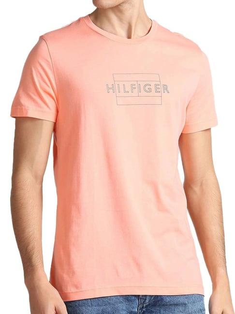 tommy hilfiger sunset peach cotton slim fit logo printed t-shirt